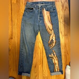 Vintage 501 Levi’s with acrylic hand painted “The Creation of Jeans”